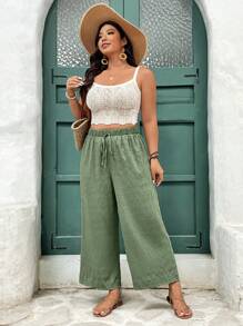 SHEIN Frenchy Plus Size Women's Solid Color Tie-Waist Wide Leg Loose Pants