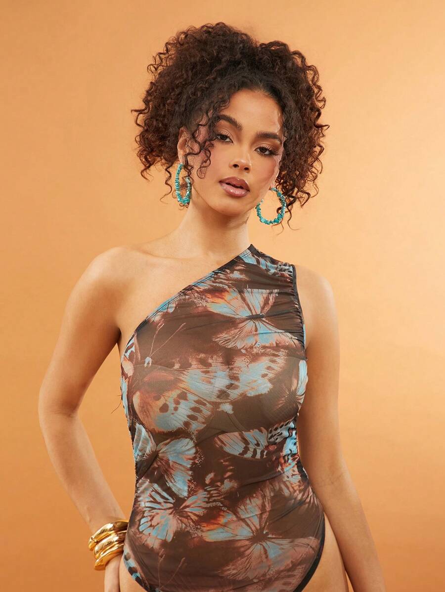 SHEIN Unity Dark Brown Summer Seductive Club Night Bodysuit Festival Asymmetrical Mesh Elegant Women's Vacation Music Festival Outfits,Brunch Christmas NYE Outfit - Multicolor - View 1