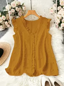 SHEIN LUNE Plus Size Solid Color Textured Cap Sleeve Casual Vacation Shirt - Yellow - View 1