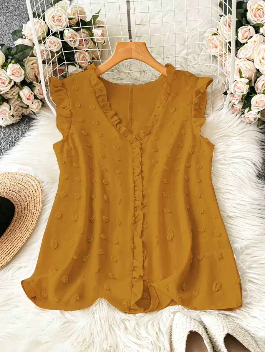 SHEIN LUNE Plus Size Solid Color Textured Cap Sleeve Casual Vacation Shirt - Yellow - View 1