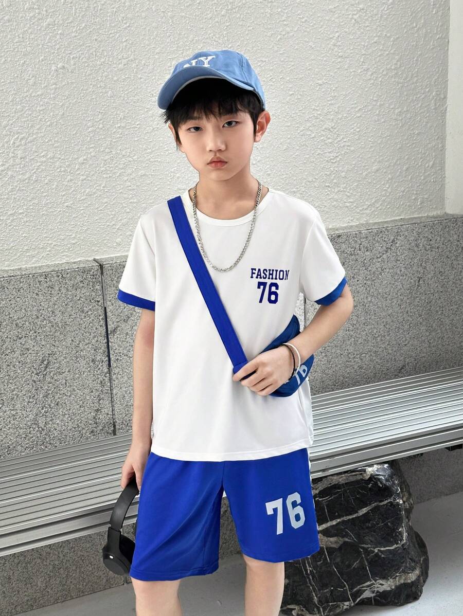 SHEIN 2pcs Toddler Boys'' Letter Print T-Shirt + Striped Athletic Shorts Set With Pouch Bag - White - View 1