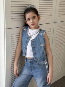 青少年女孩时尚优雅甜美酷炫 Y2K 漂白蓝色重磅星星铆钉宽松牛仔夹克和背心 - 淺色水洗藍 - 查看 6