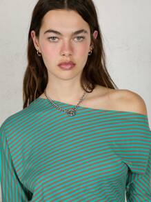 COUREZ Off Shoulder Boat Neck Stripe Long Sleeve Top Spring Summer Tops Going Out Outfits Y2K Vintage