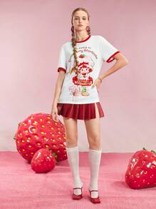 Strawberry Shortcake X SHEIN 男士卡通字母印花圆领短袖 T 恤 - 白色 - 查看 4