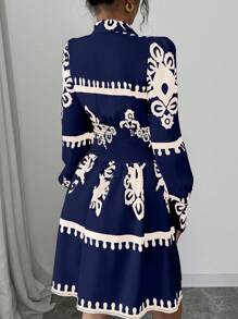 Elenzga Casual Long Sleeve Printed Cinched Waist Women Dress