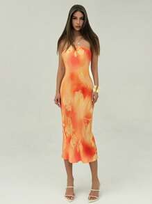 Aloruh 女士优雅合身扎染长款花卉图案露肩连衣裙 - 黃色 - 查看 1