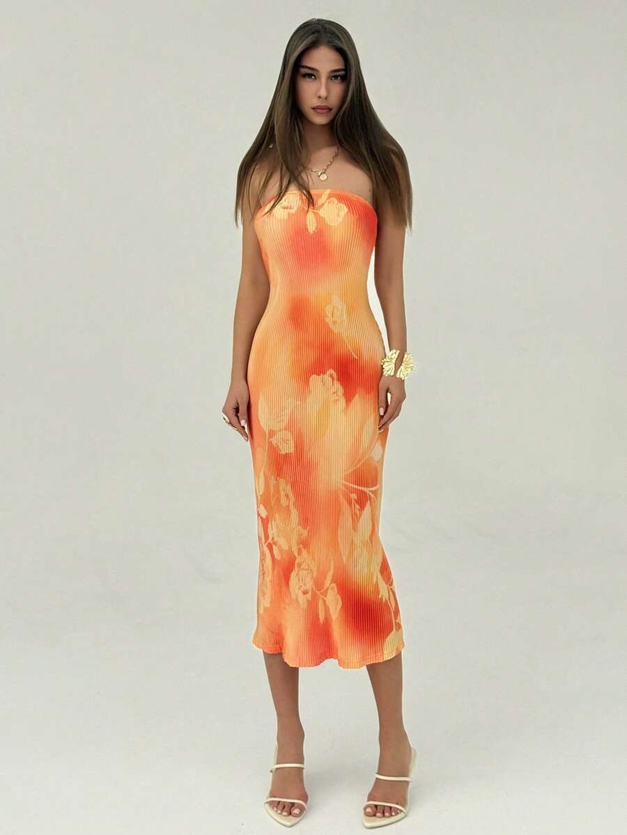 Aloruh 女士优雅合身扎染长款花卉图案露肩连衣裙 - 黃色 - 查看 1