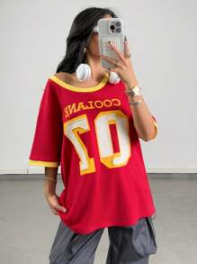 SHEIN Tween Girls Spring/Summer Casual Loose Asymmetric Neck Drop Shoulder Printed Number T-Shirt - Burgundy - View 5