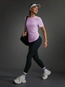 Exploreva 休闲纯色短袖弧形下摆运动服户外T恤健身房女式衬衫