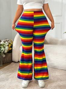 SHEIN EZwear Plus Size Rainbow Striped Flared Stretch Pants, Spring/Summer - Multicolor - View 5