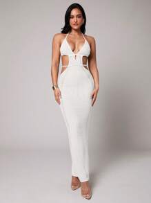 Silquee Cover Ups 白色钩针性感深 V 领镂空开衩春夏度假服中长款女式连衣裙 - 白色 - 查看 3