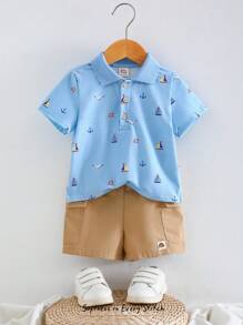 Cozy Pixies Set de 2 piezas con parte superior de punto de manga corta con cuello suave y pantalones cortos de cintura elástica para bebé niño