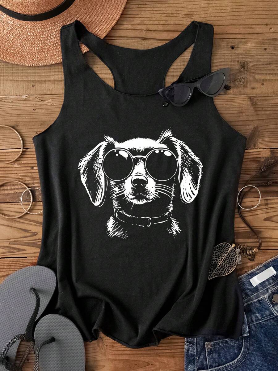 SHEIN LUNE Funny Cute Dachshund Dog Head & Glasses Print Women Casual Racerback Tank Tops - Black - View 1