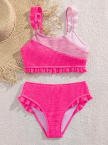 Tween Girls Bikini Sets, Knit Wavy Fabric Top With Shoulder Straps And Ruffle Trim Bottom Swimwear, Suitable For Swimming & Beach In Summer Two Pieces Bathing Suit For Girls
