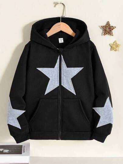 Sparklyn Tween Girl 炭灰色五角星刺绣连帽朋克风格休闲夹克