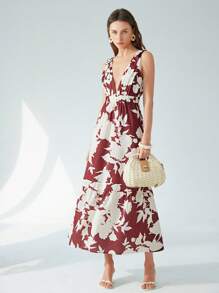 Aveloria Modichic 25 Spring/Summer New Arrival French Vintage Casual Resort Beach Deep V Sleeveless Bowknot Strap Design Waist Fitted Flowy Dress With Bold Print - Red - View 4