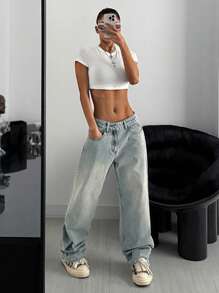 SHEIN ICON 女式休闲水洗低腰宽松牛仔裤 - 淺色水洗藍 - 查看 6