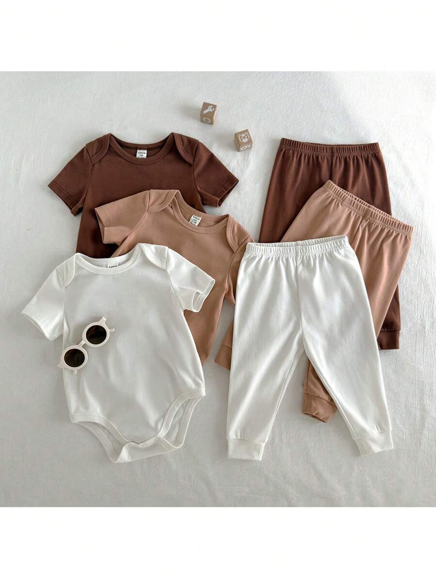 Loomiva 4pcs Baby Boy Set: Solid Knit Soft Round Neck Long Sleeve Bodysuit And Elastic Waist Long Pants - Multicolor - View 1