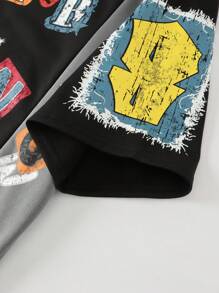 ROMWE MEN Street Life Áo thun nam họa tiết chắp vá, phong cách thường ngày ngắn, phong cách đường phố cổ điển - màu đen - Xem 4