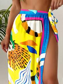 SHEIN Swim Floral Print 1 Piece Swimsuit With Mesh Surong For Women, Tie-Side Sexy Wraparound Skirt Cover Up For Summer Beach Vacation - Yellow - View 4