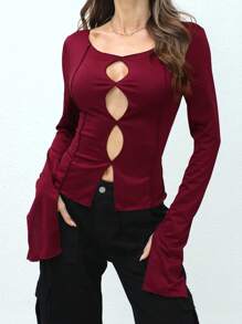 W-SY2503 Women Openwork Blouse, 210 Mulberry Silk Fall Cloth For Women - Burgundy - View 4