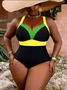Slaydiva Plus Size Women Contrast Color Casual One Piece Swimsuit For Summer Beach Vacation - Yellow - View 1