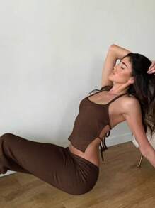 INAWLY Women Solid Color Side Slit Crop Tank Top And Mini Skirt Sexy 2 Pieces Set - Coffee Brown - View 3