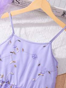 Sparklyn Tween Girl 花卉印花网眼优雅吊带连衣裙 - 紫色 - 查看 5
