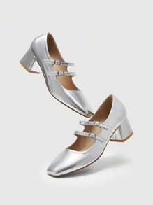 CUCCOO BIZCHIC Simple Women Mary Jane Thick Heel High Heel Pumps, Halloween For Christmas - Silver - View 6