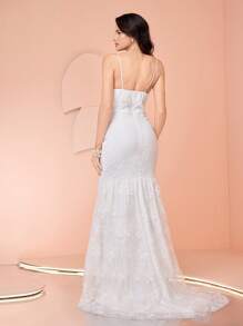 Coutiva Elegantes tailliertes Spitzen-Patchwork-Hochzeitskleid mit bestickter Meerjungfrauenlinie, Spaghettiträgern, rückenfreiem Design und Bodenlänge für Damen