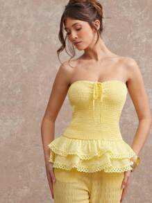 L'Amorae 优雅夏季抹胸上衣，饰有褶皱细节和荷叶边下摆，适合海滩度假和夏季穿着。 - 黃色 - 查看 1
