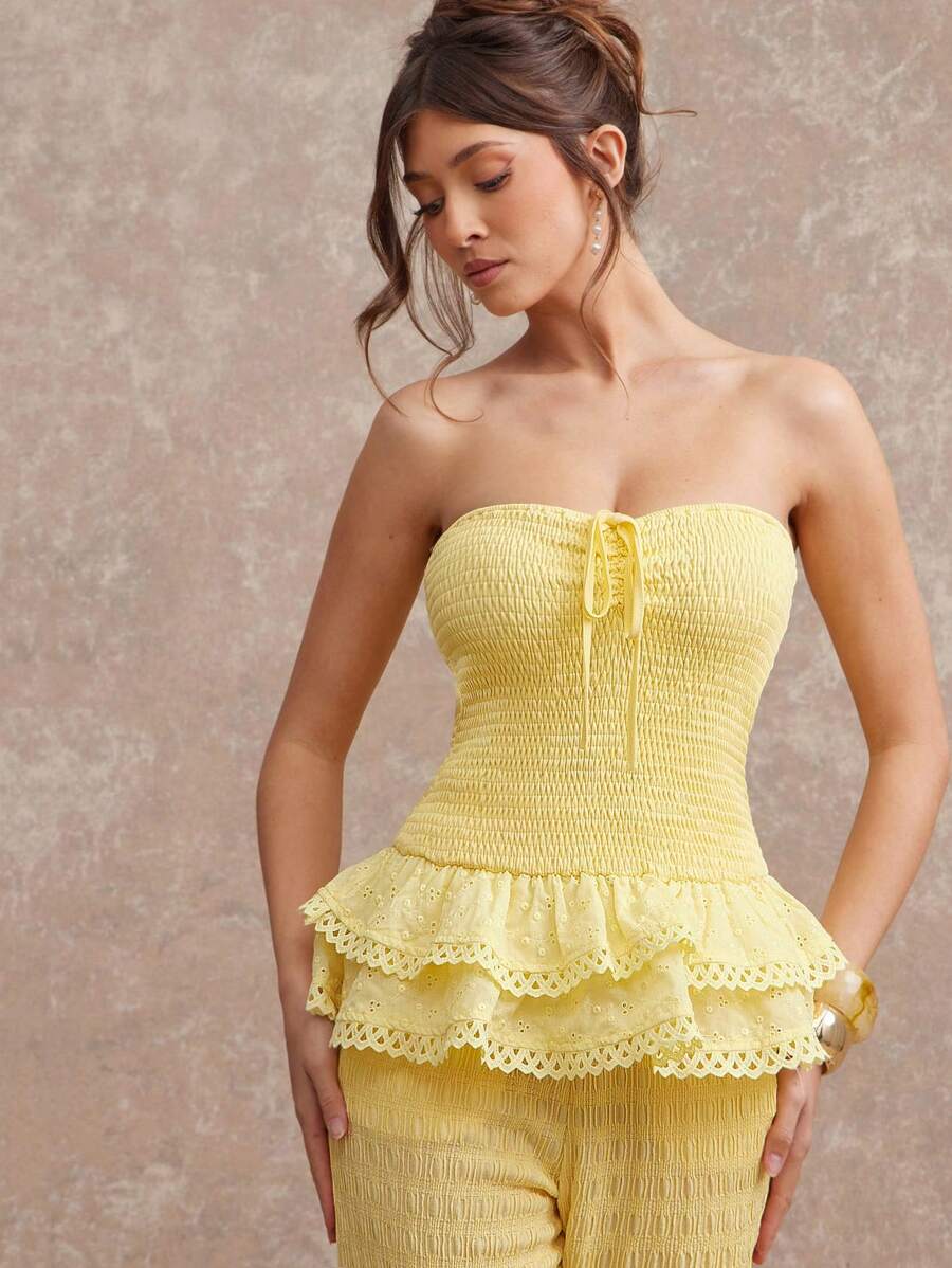 L'Amorae 优雅夏季抹胸上衣，饰有褶皱细节和荷叶边下摆，适合海滩度假和夏季穿着。 - 黃色 - 查看 1