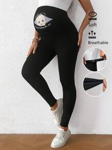 SHEIN Cartoon And Letter Printed Maternity Leggings (Long) - Black - View 1