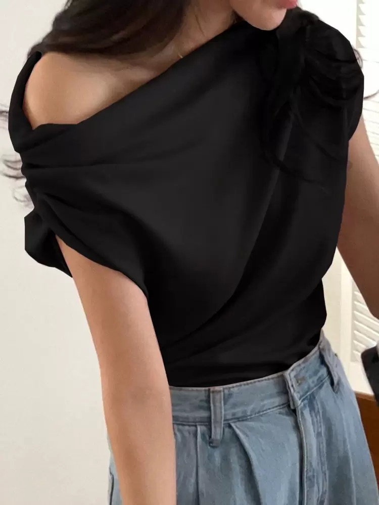 Women Solid Color Fashionable Loose Oblique Shoulder Pleated T-Shirt,Off Shoulder Top