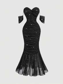 SHEIN MOD 女士露肩网眼长款美人鱼晚礼服，性感黑色连衣裙 - 黑色 - 查看 1
