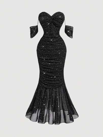 SHEIN MOD 女士露肩网眼长款美人鱼晚礼服，性感黑色连衣裙