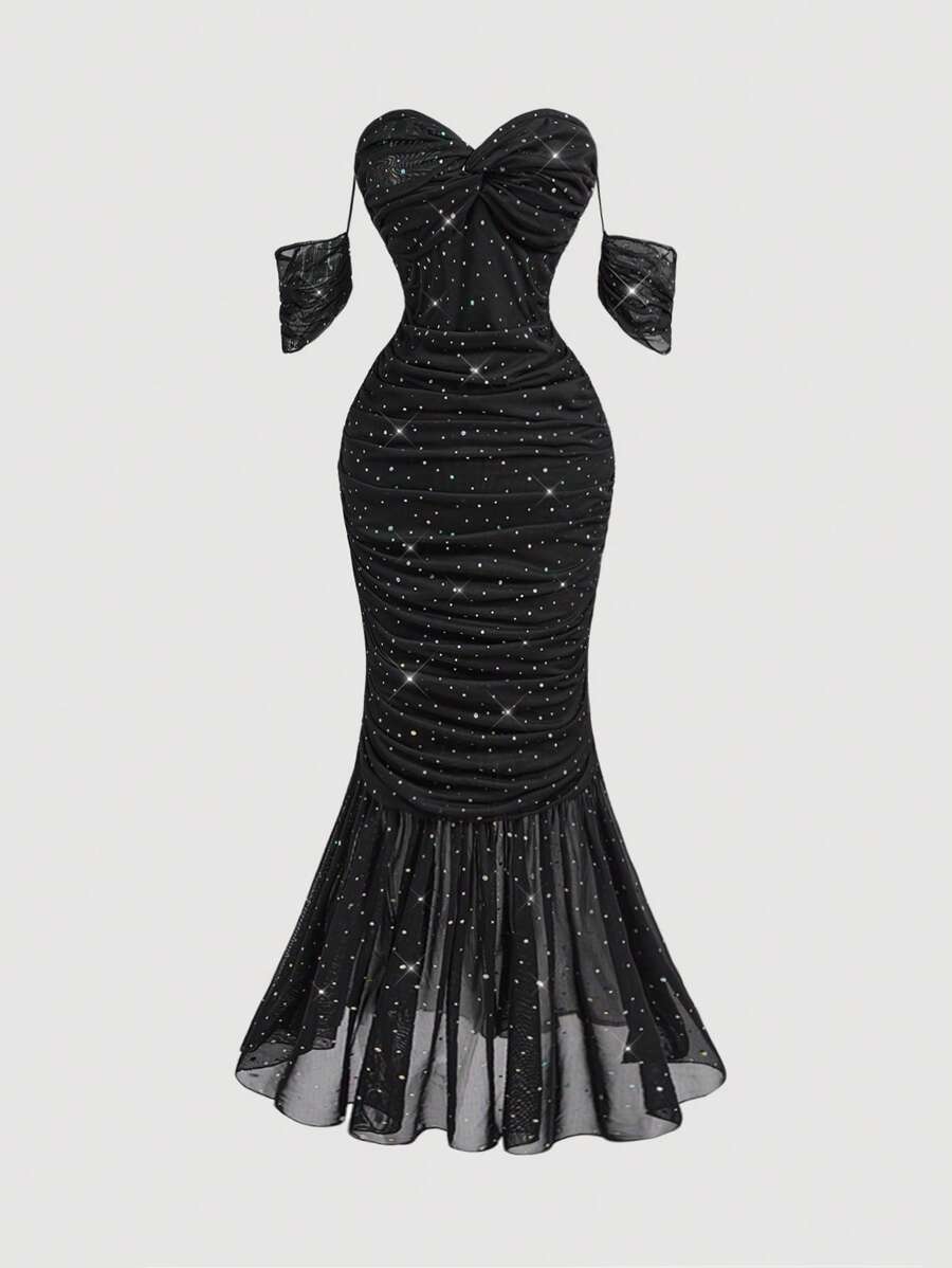 SHEIN MOD 女士露肩网眼长款美人鱼晚礼服，性感黑色连衣裙 - 黑色 - 查看 1