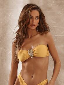 Musera Resort Hammered Metal Centre Ruched Bandeau Top Only Boho Ibiza Cute Sexy Vacation Summer Beach Swimwear - Yellow - View 1