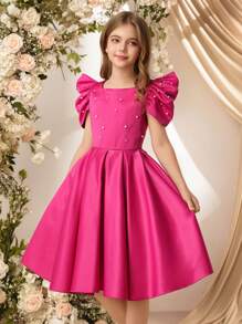 SHEIN 女童奢华仿珍珠铆钉泡泡袖缎面连衣裙 - 玫紅色 - 查看 5