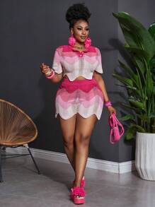 Slaydiva Plus Size Women Pink Ombre Short Knit 2Pcs Set (Top+Shorts), Casual Holiday Wear, Spring/Summer - Pink - View 4