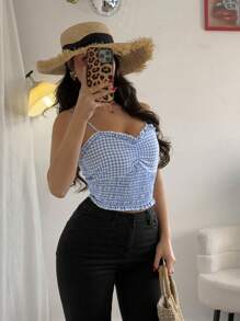 Chiquease Regata Fashionable e Versátil com Babado na Barra e Cintura Franzida, Estampa Xadrez para Mulheres, Adequada para Uso Diário - Multicolorido - Visão 5