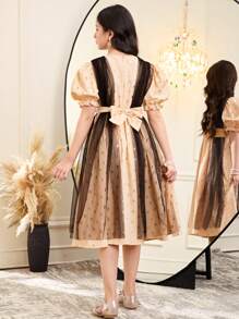 SHEIN Tween Girls' Glamour Chiffon Cape Spliced Foil Dot Mid-Length Dress - Apricot - View 4