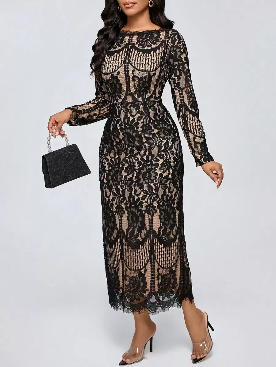 Lyxana 女士优雅拼色蕾丝连衣裙，春秋季长款女装