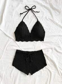 Soleia 2pcs/Set Women Holiday Solid Color Openwork Halter Knitted Tops And Knitted Shorts Beach Vacation Outfits Spring Summer Outfits For Women West Music Festival Boho