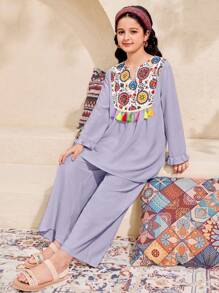 Tween Girl Floral Patchwork V-Neck Tassel Blouse & Wide Leg Pants, Loose Casual Resort Suit