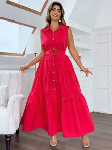 Flirla Plus Size Women Elegant Solid Color Utilitarian Design Belted Maxi Shirt Dress - Red - View 1