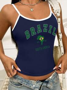 INAWLY Y2K 字母巴西国旗图案拼色夏季吊带背心，配撞色饰边 - 彩色 - 查看 5