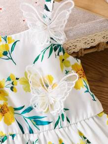SHEIN Playful Pals Baby Girl Cute Ditsy Floral Strap Chiffon Ruffle Dress, Summer 2024 New - White - View 7