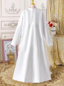 2pcs Set Teen Boys Golden Embroidery Splice Blue Chiffon Long Robe, Drop Shoulder Long Outerwear, White Stand Collar Long Sleeve Long Robe, Robe Set - Multicolor - View 6