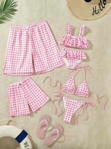 Girls Pink Plaid Striped Double Ruffle Bikini Set, Matching Outfits Mommy And Me (4 Pieces Sold Separately)